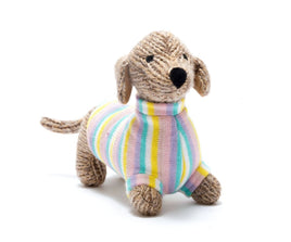 Best Years Knitted Sausage Dog Soft Toy with Pastel Stripped Jumper